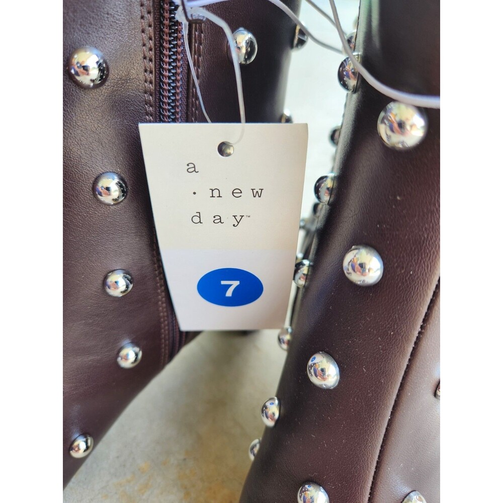 New A New Day Brown Faux Leather Studded Ankle Zip Block Pointed Toe Bootie 7 - Picture 4 of 4
